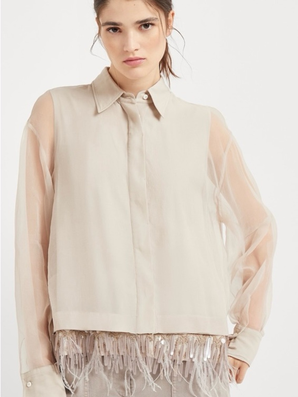 $3690 BRUNELLO CUCINELLI BEIGE SHEER SILK CHIFFON COLLARED FRINGE BLOUSE XS